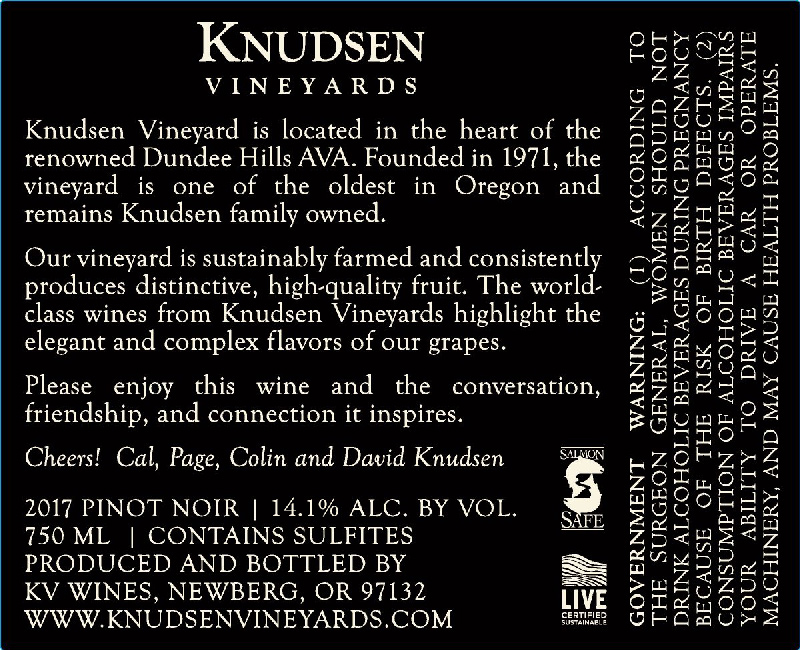 back label image for knudsen vineyards pinot nor willamette valley dundee hills 2017