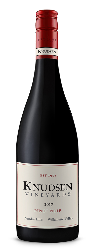 photo of bottle with wine label reading knudsen vineyards pinot noir 2017