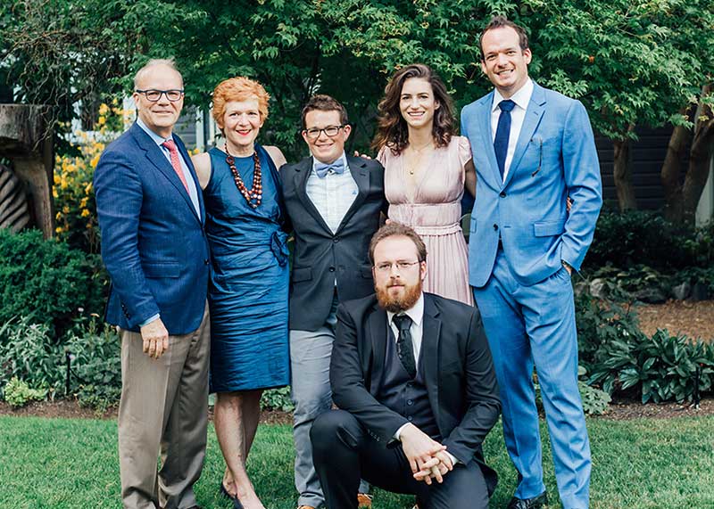 family photo showing the knudsen-cowles family, from left to right: Jay Cowles, Page Knudsen Cowles, Luca Cowles, Liza Winton, Andrew Cowles, Max Cowles