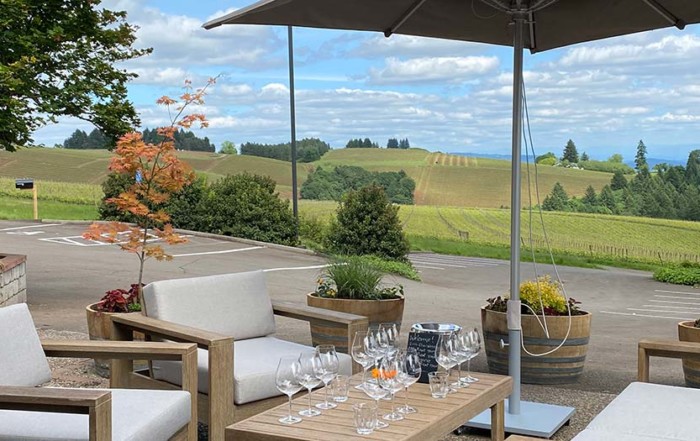 image of the landscape of the dundee hills rolling behind a patio with comfortable seating, an umbrella, and wine glasses