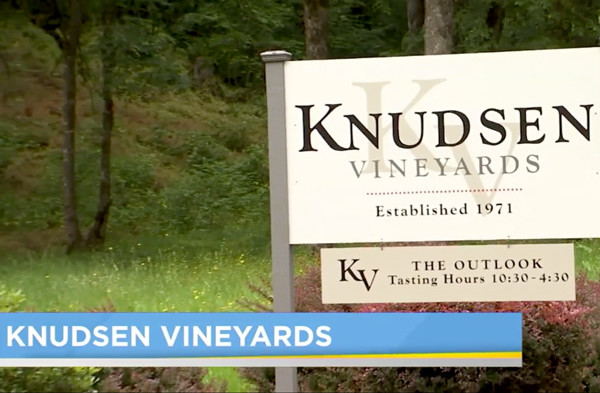 screenshot of a news clip showing knudsen vineyards front entrance sign