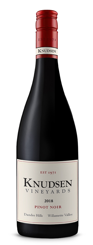 bottle of wine with label reading Knudsen Vineyards Pinot noir 2018