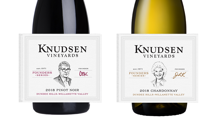 image depicting a red wine and a white wine with labels readin g"Knudsen VIneyards Founders Series" and "2018 CCK Pinot Noir", "2018 JLK Chardonnay"