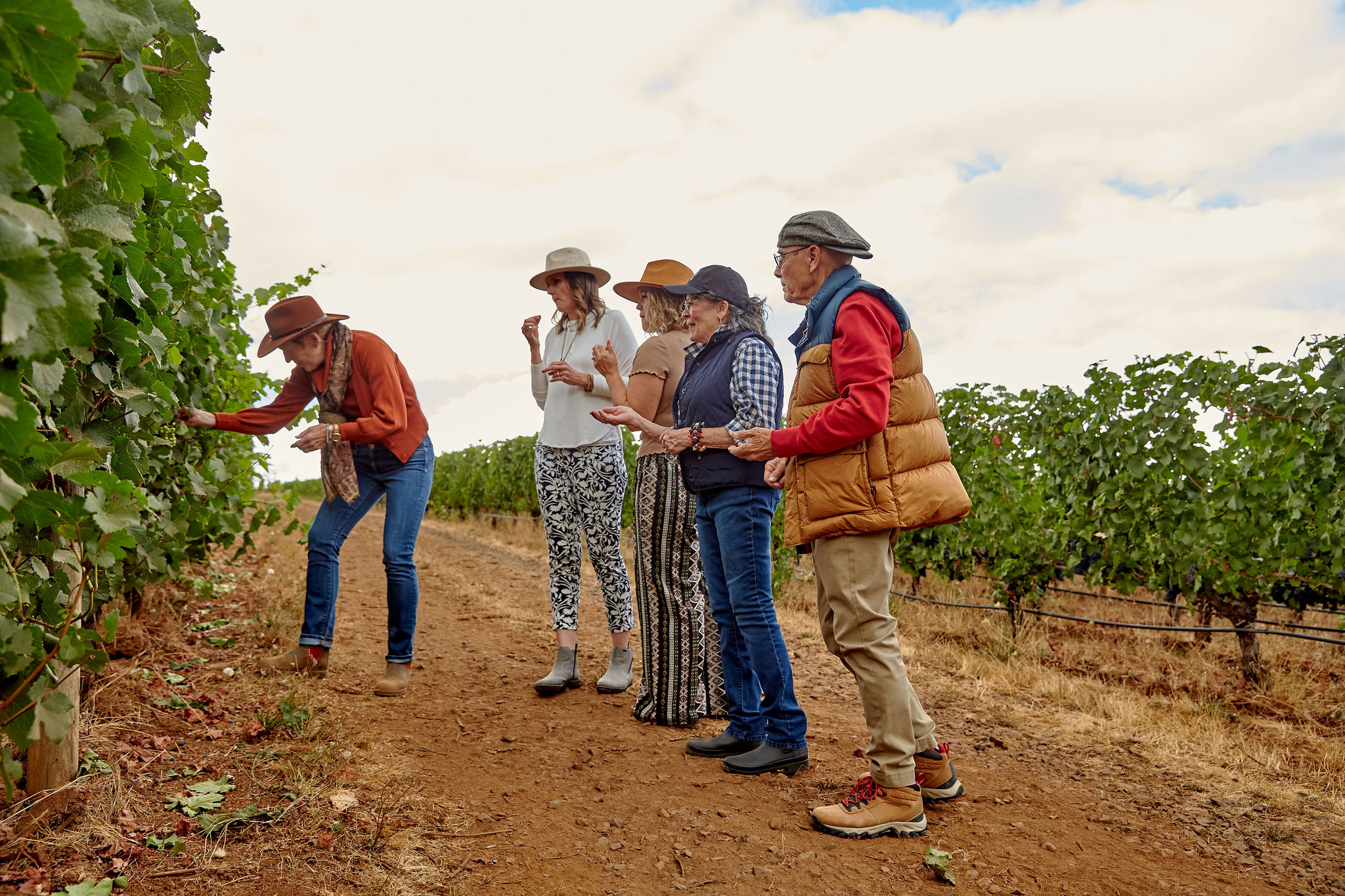 A group of guests enjoy the lush green vines amongst a vineyard tour led by owner and managing partner, Page Knudsen Cowles.
