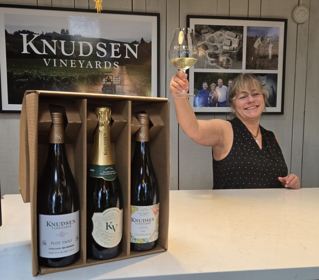 Oregon Chardonnay served in the best glass for Chardonnay at Knudsen Vineyards